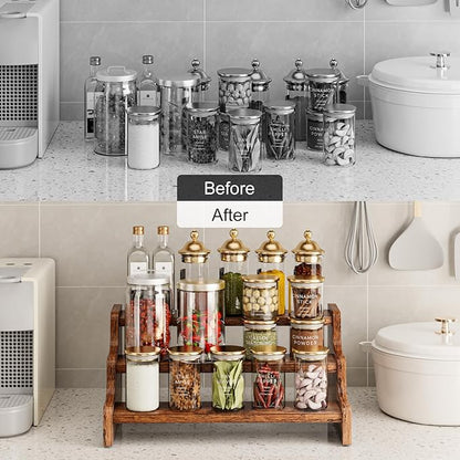 KLM 3-Tier Spice Rack, 13.8 Inch Wood Step Shelf Countertop Spice Storage Holder, Kitchen Pantry Cabinet Organizer Cupboard for Spice Bottles, Jars, Seasonings, Baking Supplies,Bathroom Organizer - Image 6