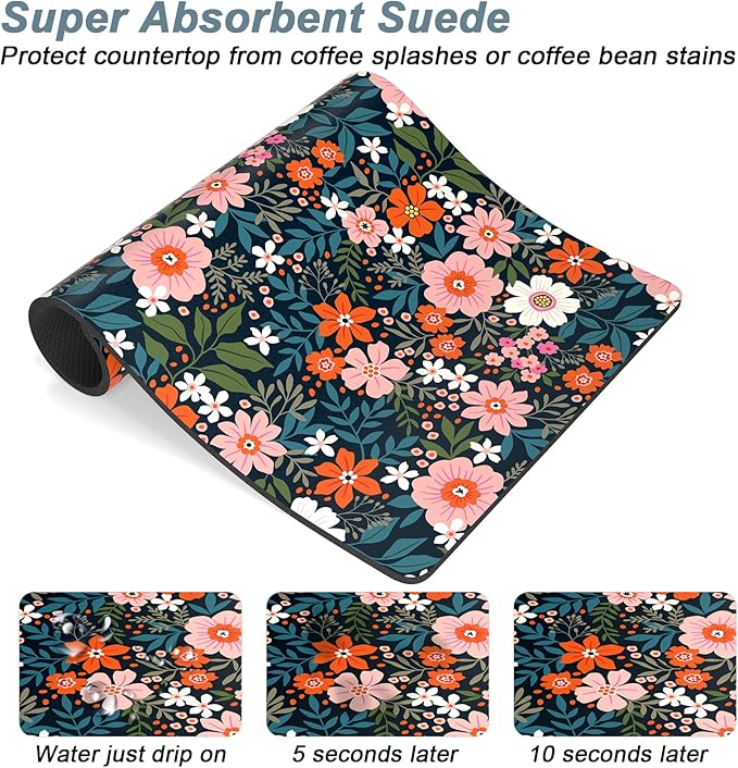 Rnivvi Coffee Mat, 12" x 19" Cute Coffee Bar Mats for Espresso Machine Station Accessories and Organizer, Hide Stain Rubber Backed Absorbent Dish Drying Pad for Kitchen Counter, Floral Cartoon - Image 3
