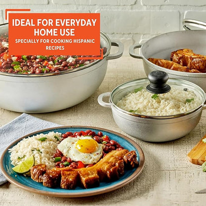 IMUSA Caldero Stock Pot with Glass Lid 3pc Set, 1.5/3.5/7 QT, Cast Aluminum, Perfect for Serving Large & Small Groups, Riveted Handles, Made in Colombia, Silver