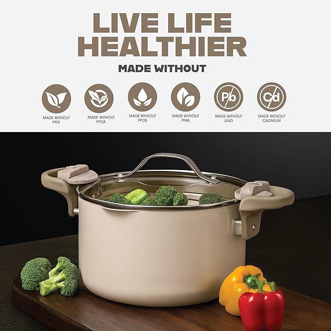 GOTHAM STEEL 5 Qt Ceramic Stock Pot Multipurpose Pasta Pot with Strainer Lid & Twist and Lock Handles, Nonstick Ceramic Pot for Soup, Spaghetti, Rice, Pots for Kitchen, Dishwasher Safe - Cream - Image 4