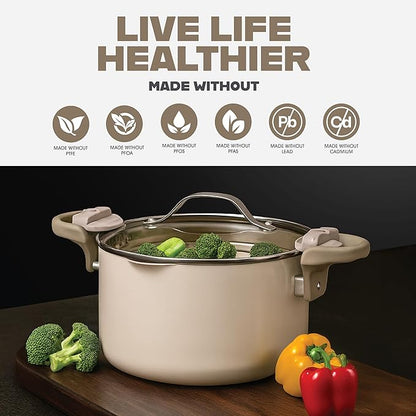 GOTHAM STEEL 5 Qt Ceramic Stock Pot Multipurpose Pasta Pot with Strainer Lid & Twist and Lock Handles, Nonstick Ceramic Pot for Soup, Spaghetti, Rice, Pots for Kitchen, Dishwasher Safe - Cream - Image 4