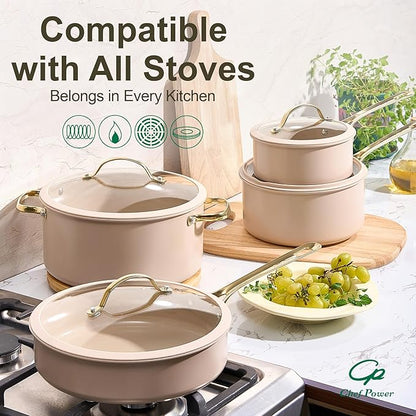 Chef Power Ceramic Frying Pan with Stainless Steel Handle 5Pcs Set, Non Stick Grill Pan Set, Dishwasher and Oven Safe, Taupe and Light Gold Handle - Image 5
