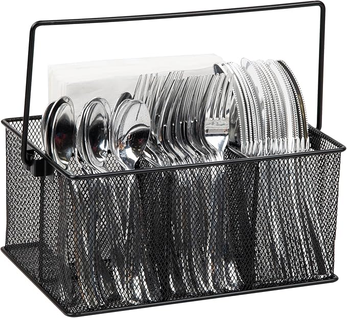 Mind Reader Multi-purpose Storage Caddy with Handle, Desktop Organizer, Cutlery Holder, 4 Compartments, Metal Mesh, Black by MindReader