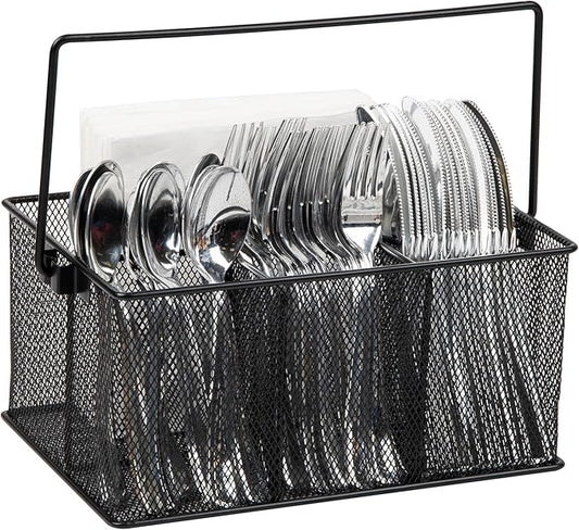 Mind Reader Multi-purpose Storage Caddy with Handle, Desktop Organizer, Cutlery Holder, 4 Compartments, Metal Mesh, Black by MindReader