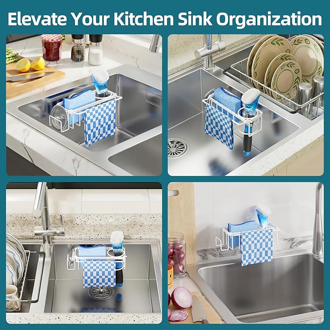 TAILI 4-in-1 Sink Caddy with Strong Suction Cup, Sponge Holder for Kitchen Sink Organizer, Removable, Rustproof, Stainless Steel Holder for Sponge, Brush, Scrubber, Scraper - White - Image 7