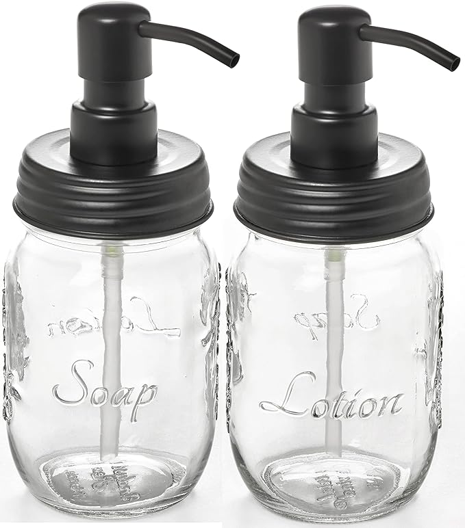 Mason Jar Soap and/or Lotion Dispenser with Gloss Black Pump Dispenser for Hand Sanitizer. Comes with Non Slip Coaster. Use with Liquid Soap or Hand/Body Lotion (Gloss Black, 2pk 16oz)