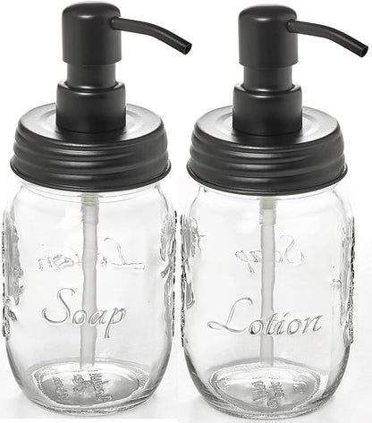 Mason Jar Soap and/or Lotion Dispenser with Gloss Black Pump Dispenser for Hand Sanitizer. Comes with Non Slip Coaster. Use with Liquid Soap or Hand/Body Lotion (Gloss Black, 2pk 16oz)