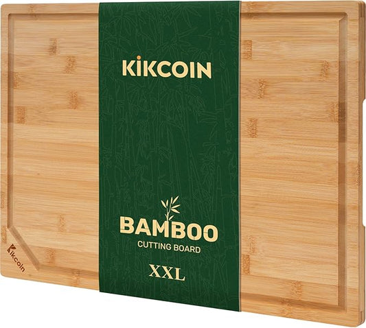 Kikcoin 20”×14” Bamboo Cutting Boards for Kitchen, Wooden Healthy Cutting Boards for Charcuterie, Vegetables, Cheese, Bread, Extra Large Chopping Boards with Deep Juice Groove and Handle, Natural by Kikcoin