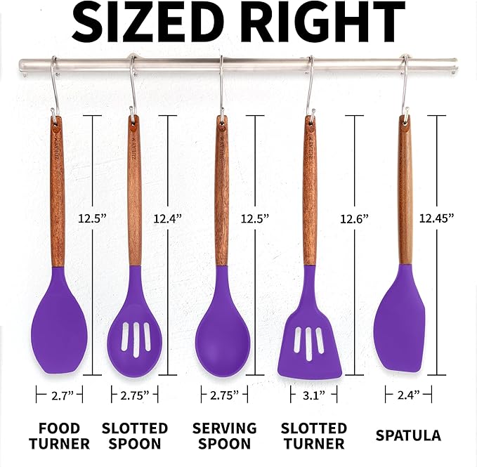 Zulay Kitchen Non-Stick Cooking Utensils Set with Authentic Acacia Wood Handles – 5-Piece Durable & Stylish Silicone Kitchen Utensils Set – Heat Resistant to 464°F – Purple - Image 8