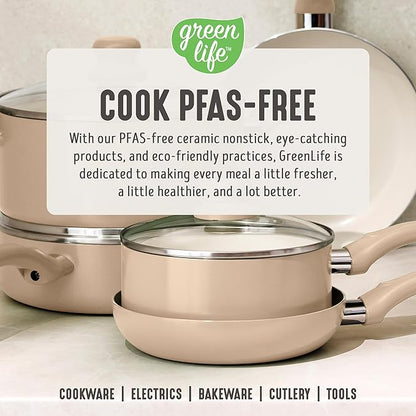 GreenLife 5 Quart Nonstick Stock Pot with Lid, Non-Toxic Ceramic Pot, Dishwasher Safe, Induction Ready, Fast Heating, Stay-Cool Handles, Kitchen Casserole, Soup, Pasta, Easy Clean, Beige Taupe