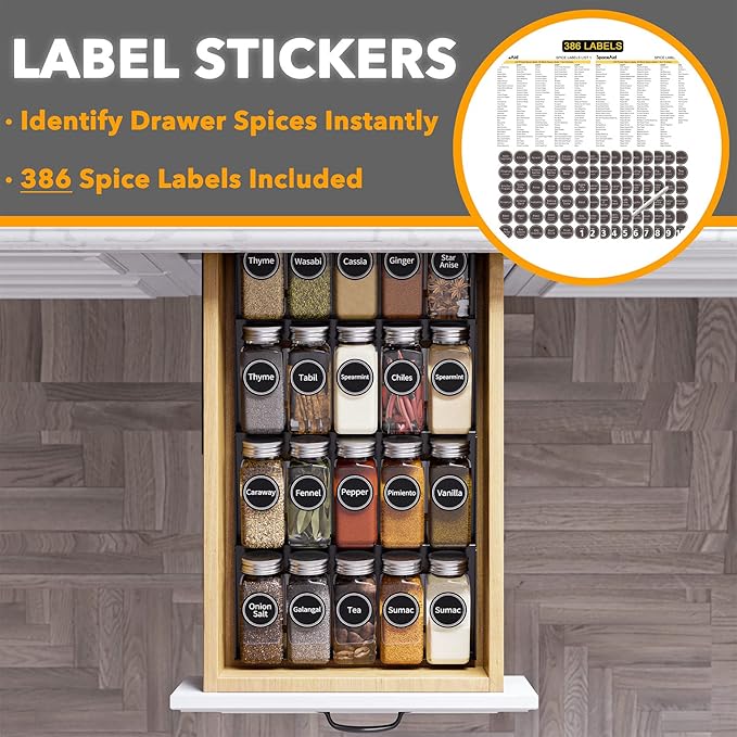SpaceAid Spice Drawer Organizer with 20 Spice Jars, 386 Spice Labels, 4 Tier Seasoning Rack Tray Insert for Kitchen Drawers, 9-1/2" Wide x 17-1/2" Deep - Image 3