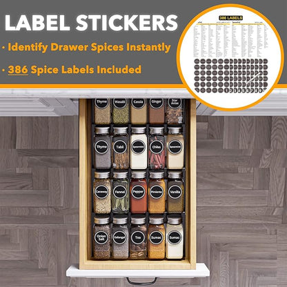 SpaceAid Spice Drawer Organizer with 20 Spice Jars, 386 Spice Labels, 4 Tier Seasoning Rack Tray Insert for Kitchen Drawers, 9-1/2" Wide x 17-1/2" Deep - Image 3