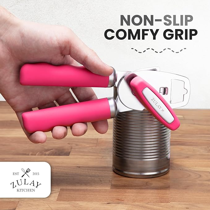 Zulay Kitchen Heavy Duty Stainless Steel Can Opener Manual with Bottle Opener - Rust Proof Manual Can Opener With Turn Knob & Comfy Soft Grip Handles - Dragonfruit - Image 5