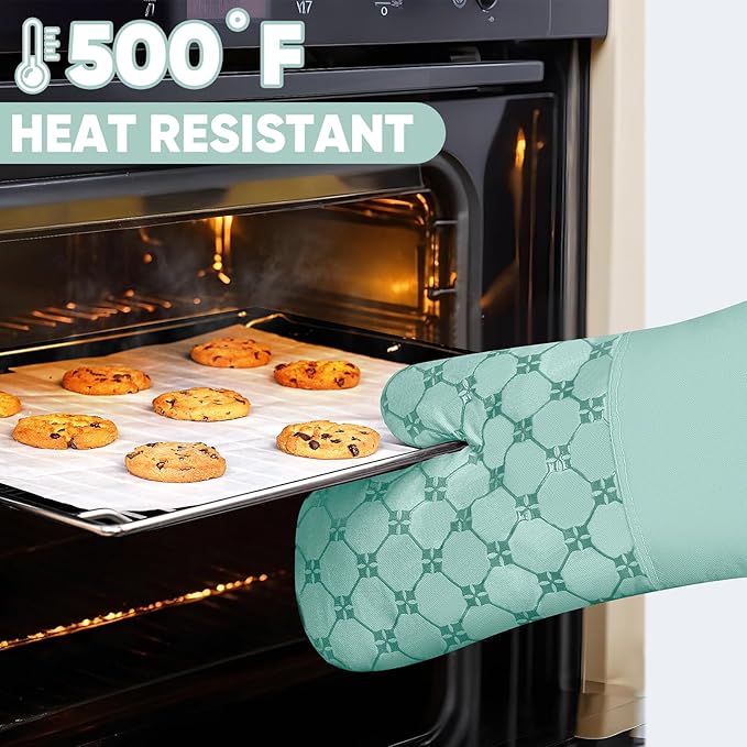 Oven Mitts Kitchen Towels Dishcloths with Pot Holders Sets 12PCS,Dish Towels Sets,Oven Gloves Pot Pads Heat Resistant 500 Degrees with Non-Slip Silicone Surface for Cooking Baking Grilling-Mint Green - Image 4