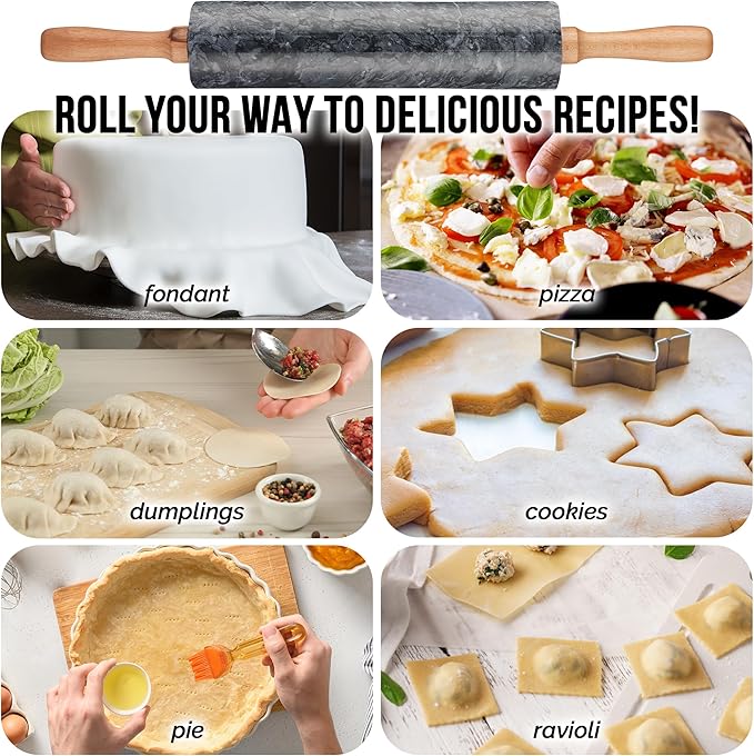 Zulay Kitchen 17-Inch Marble Rolling Pin With Stand - Polished Marble Rolling Pins For Baking - Long Rolling Pin Marble With Beechwood Handle - Non-stick Roller Pin For Baking Pastries, Bread & Pizza - Image 8