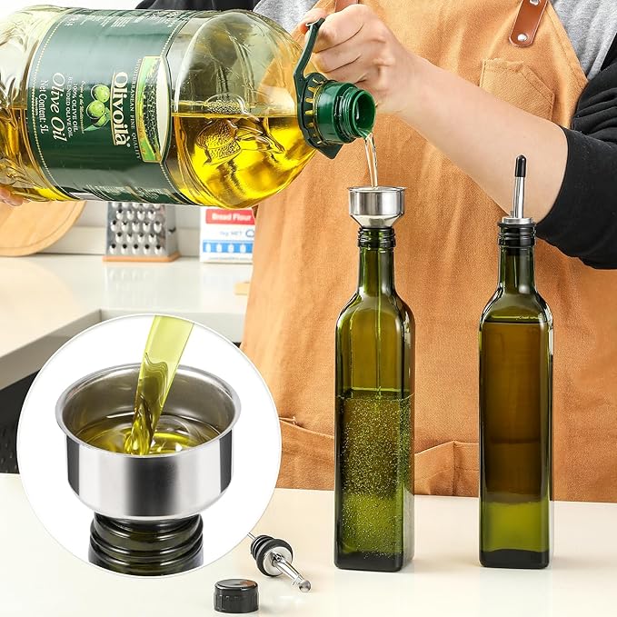 AOZITA 17oz Glass Olive Oil Bottle Dispenser - 500ml Green Oil and Vinegar Cruet with Pourers and Funnel - Olive Oil Carafe Decanter for Kitchen - Image 3