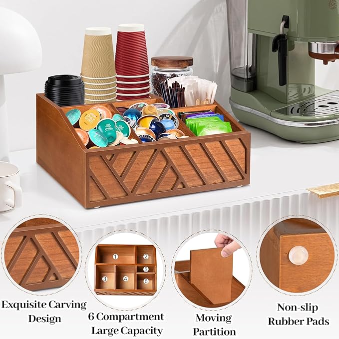 ugiftt Coffee Station Organizer for Counter, Wood Pods Holder Storage Basket, Tea Condiment Storage Organizer, Rustic Coffee Bar Decor for Accessories Organizer - Image 4