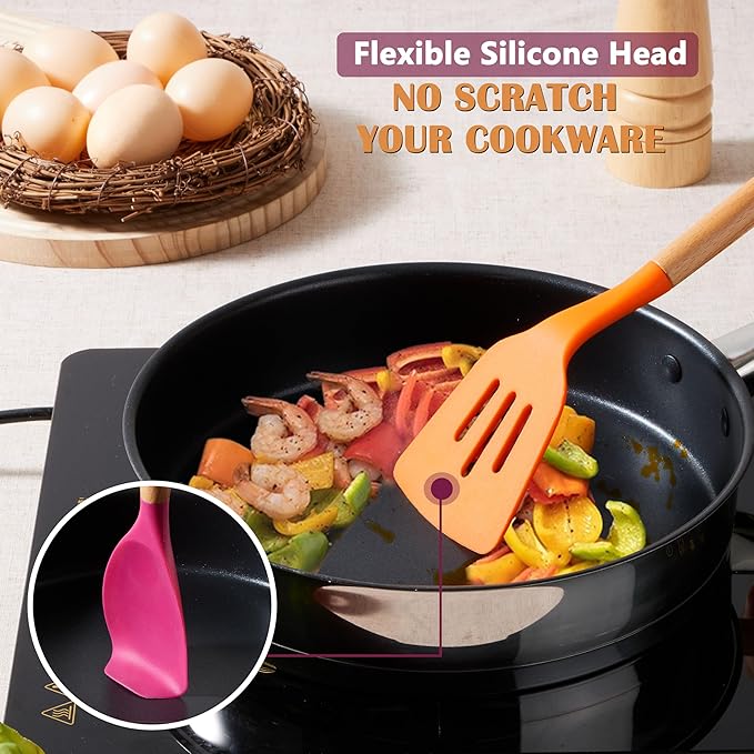 E-far Silicone Cooking Utensils Set, 10-Piece Kitchen Utensils Set with Wooden Handle for Nonstick Cookware, Heat Resistant Kitchen Nonstick Tools Spatula Whisk Ladle, Non-toxic & Healthy - Colorful - Image 4