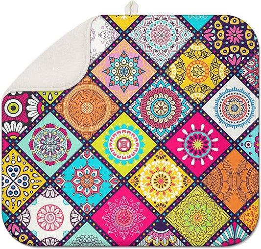 Plaid Floral Large Dish Drying Mats, Reversible Boho Dish Drying Pads for Kitchen Counter Foldable and Stored in a Drawer,18"x24" Extra Large Draining Mat Protect for Kitchen,Bar Counter,Coffee Make by Scritism