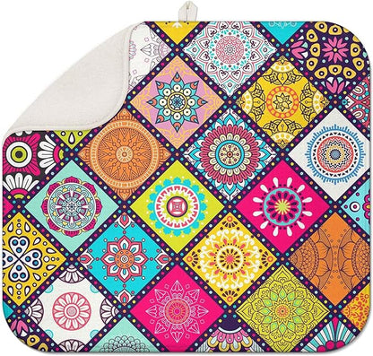 Boho Drying Mat 16" X 18" Abstract Plaid Kitchen Counter Stone Large Dish Drying Mats For Kitchen Colorful Drying Mats For Home Counter Flower Drying Mats For Dishes Dish Table Mat Drying Kitchen Mat by Scritism