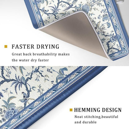 Giwawa Chinoiserie Dish Drying Mat 18x24in Blue White Oriental Floral Birds Kitchen Drainer Mats Porcelain Flowers Absorbent Microfiber Dish Drying Pad Large for Countertop Home Decor