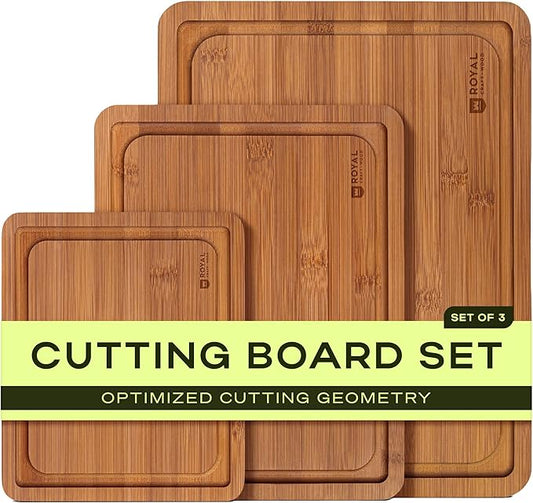 ROYAL CRAFT WOOD Wooden Cutting Boards for Kitchen Meal Prep & Serving - Bamboo Wood Cutting Board Set with Deep Juice Groove Side Handles - Charcuterie & Chopping Butcher Block for Meat (Set of 3)
