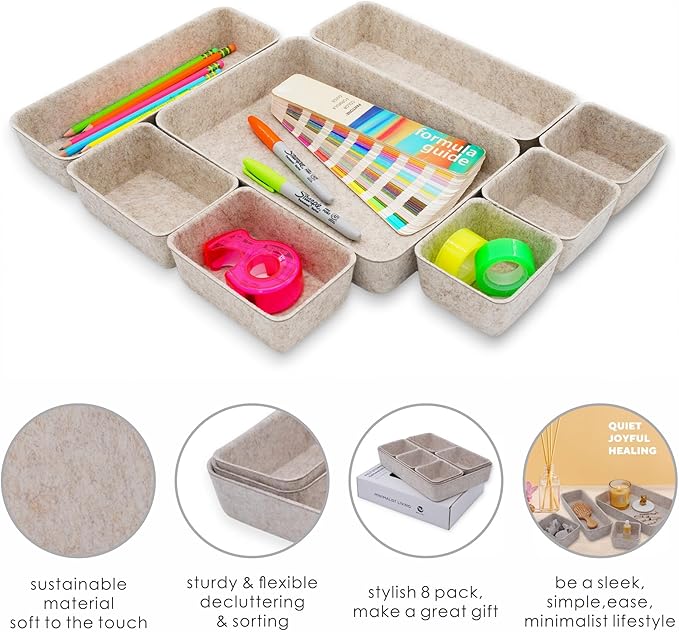 Welaxy Desk Drawer Organizer Tray, 8-Piece Beige Office Storage, Nordic Minimalist Lifestyle (Oatmeal) - Image 6