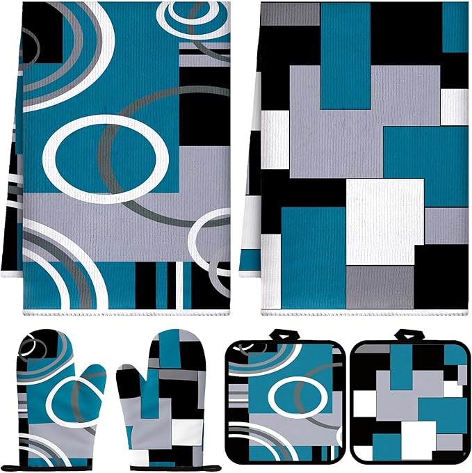 Jingmore 6 Pcs Kitchen Decor Set Accessory Farmhouse Kitchen Towels Pot Holders Oven Mitts Set 2 Dish Towels 2 Pot Holders 2 Cooking Mittens Oven Glove for Cooking(Teal,White, Gray,Geometric) by Jingmore