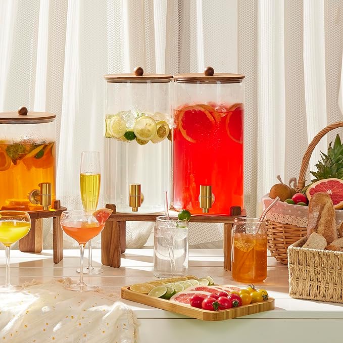 2 PCS 1.5 Gallon Drink dispenser, Glass Beverage Dispenser With Wood Stand, Large Water Drink Dispensers for Parties With Stainless Steel Spigot, Ideal for Lemonade,Juice, Tea, and Party Drinks - Image 3