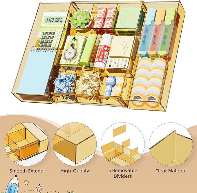 Marbrasse Expandable Desk Drawer Organizer, Clear Plastic Drawer Organizer Tray with 10 Adjustable Compartments, Desk Organizers and Accessories, 5 Drawer Dividers for Office Supplies(Clear Champagne) - Image 6