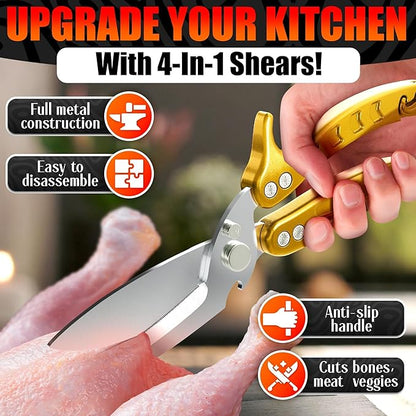 Heavy Duty Poultry Shears – Kitchen Shears Dishwasher Safe, Spring-Loaded, 3Cr14 Steel, Micro-Serrated, Separates for Easy Cleaning | Bone Scissors for Chicken, Turkey, Seafood & Fish Scale (Gold)