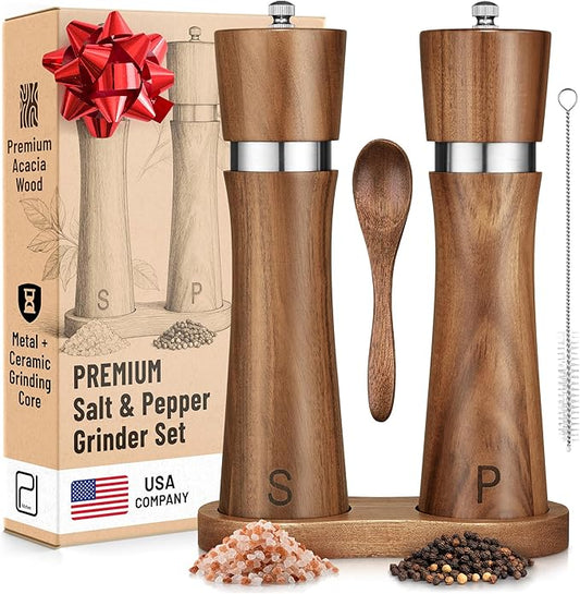 Salt and Pepper Acacia Wood Grinder Set with Wooden Holder Tray - 60 g / 2 oz each - Tall Modern Mill Shakers - Manual Refillable Mills for Peppercorn, Fancy Himalayan Salt + Spices - by PJC-Kitchen by PJCKitchen