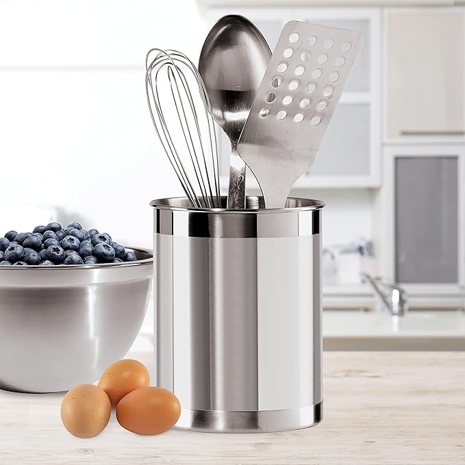 Oggi Stainless Steel Utensil Holder - 5" Diameter, Utensil Caddy, Weighted Base for Stability - Larger-Sized Utensil Crock and Countertop Utensil Organizer, Stainless Steel - Image 5