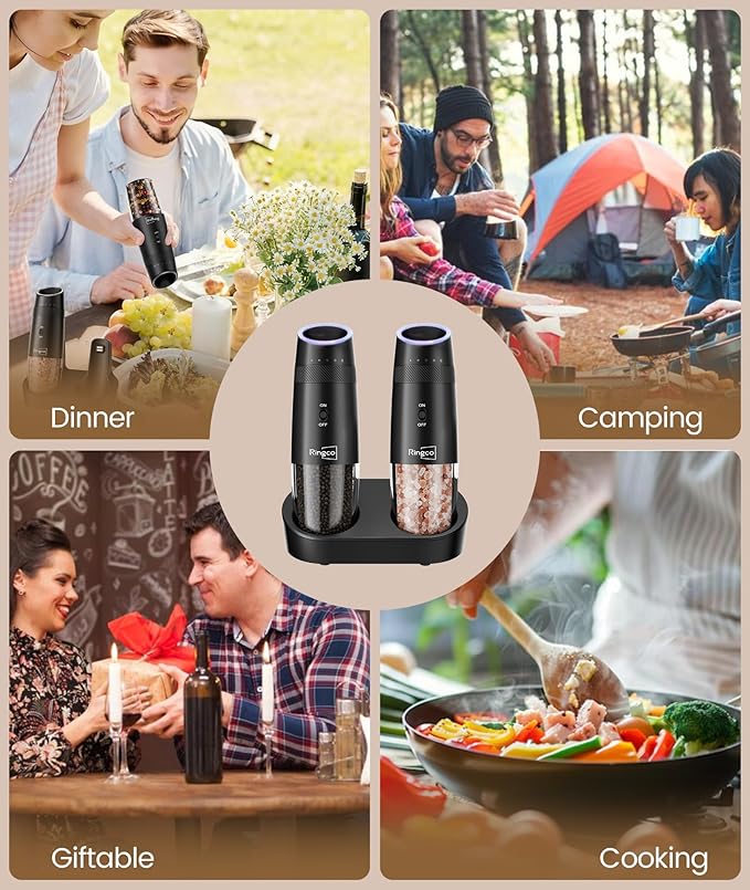Gravity Electric Salt and Pepper Grinder Set with Charging Base, Automatic Gravity Salt and Pepper Mill with Adjustable Coarseness, LED Light, 135ml Large Capacity, Gifts for Women