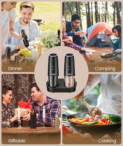 Gravity Electric Salt and Pepper Grinder Set with Charging Base, Automatic Gravity Salt and Pepper Mill with Adjustable Coarseness, LED Light, 135ml Large Capacity, Gifts for Women
