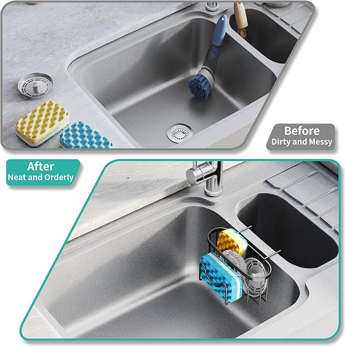 HapiRm Sponge Holder for Kitchen Sink - Rustproof Hanging Kitchen Caddy for Double-Bowl Sink, Center Divider Width Less Than 1.5in- Black - Image 5
