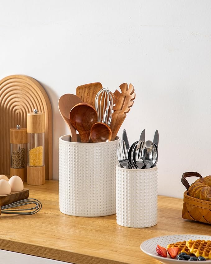 MALACASA LYDIA Ceramic Utensil Holders, 7.3"+5.5" Kitchen Utensil Crock Set for Countertop, Large & Small Utensil Organizers for Cooking Tools, Rhombus Pattern - Image 7