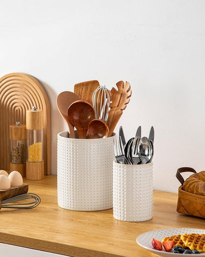 MALACASA LYDIA Ceramic Utensil Holders, 7.3"+5.5" Kitchen Utensil Crock Set for Countertop, Large & Small Utensil Organizers for Cooking Tools, Rhombus Pattern - Image 7