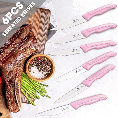 imarku Knife Set with Block, Sharp Knife Set with Built-in Sharpener, Japanese Stainless Steel Kitchen Knife Set with Non-Slip Ergonomic Handle, Dishwasher Safe, Valentine's Day Gifts, 14 PCS, Pink - Image 8
