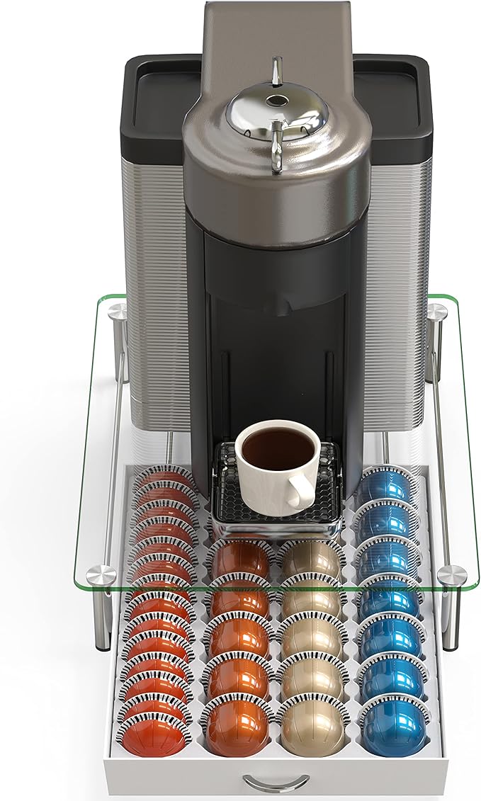 DecoBrothers Crystal Tempered Glass Vertuo Pod Holder Drawer, 28 Large or 56 Small Nespresso Capsule Organizer, White - Image 6