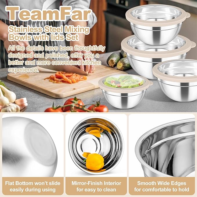 TeamFar Mixing Bowls, 4.5/3/1.5/1/0.7 QT Stainless Steel Nesting Salad Bowls with Visible Lids, For Serving/Mixing/Storing, Non-Toxic & Heavy Duty, Airtight & Easy Clean, Khaki, Set of 5 - Image 5
