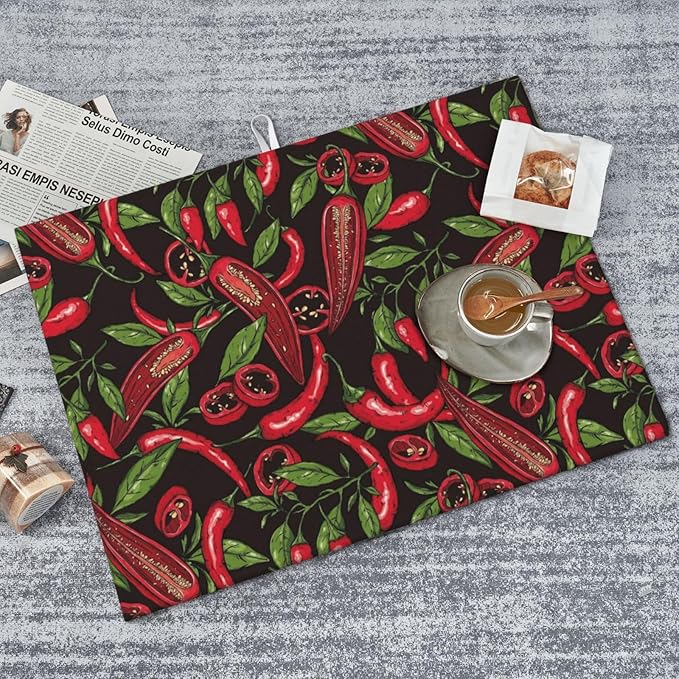 Red Chili Peppers Dish Drying Mat Vegetable Pepper Black Rustic Green Leaf Drying Rack Pad Countertop Dishes Ultra Absorbent Microfiber Kitchen Counter Mat 18x24 Inch