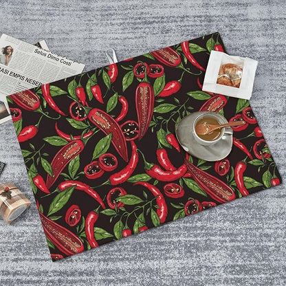 Red Chili Peppers Dish Drying Mat Vegetable Pepper Black Rustic Green Leaf Drying Rack Pad Countertop Dishes Ultra Absorbent Microfiber Kitchen Counter Mat 18x24 Inch