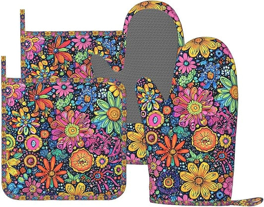 Oven Mitts and Pot Holders Set, Colorful Flower Art Silicone Kitchen Accessories 4 Piece Heat Resistant Long Gloves Potholder Non-Slip Grip for Chef Cooking Baking Grilling BBQ