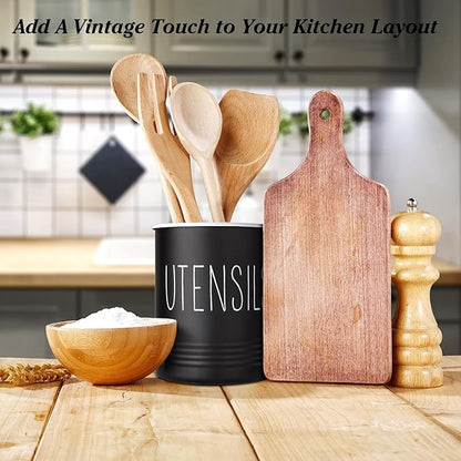 Kitchen Utensil Holder, 6.7" Utensil Holder for Kitchen Counter, Cooking Utensil Crock with Cork Bottom, Modern Farmhouse Decor, Countertop Utensil Storage Organizer Caddy, Black - Image 5