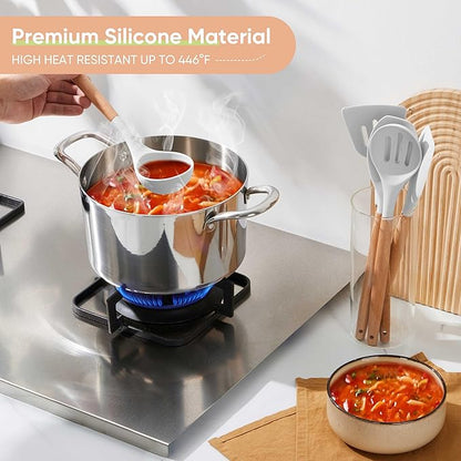 Herogo 5-Piece Cooking Utensils Set, Silicone Kitchen Utensils Set with Wooden Handle, Heat Resistant Cooking Tools Slotted Turner, Spoon, Soup Ladle, Spatula, Spoonula for Nonstick Cookware, White - Image 7