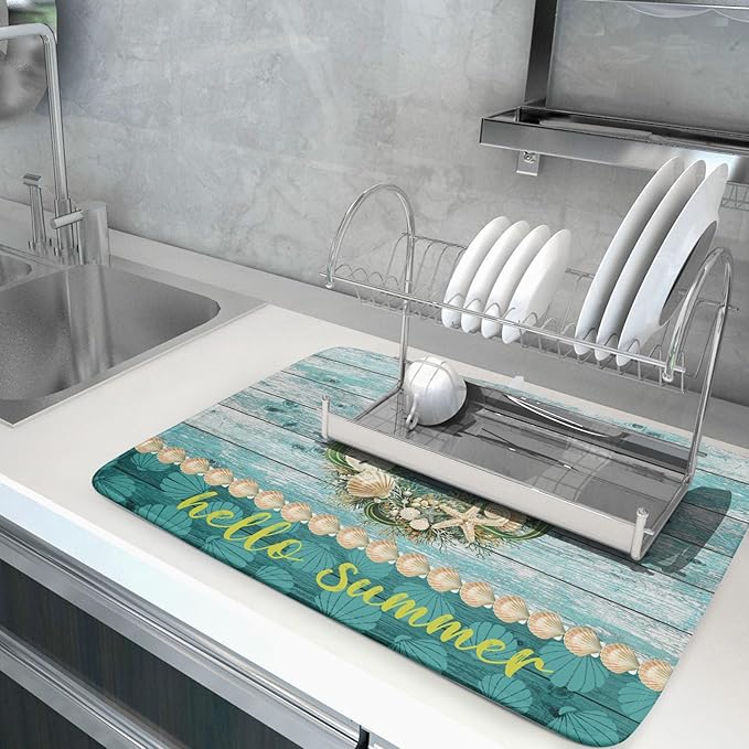Hello Summer Dish Drying Mat for Kitchen Counter,Sea Shell Starfish Coastal Wreath Drying Mat 18 x 24 Inch with Absorbent Reversible Microfiber Drying Pad for Coffee Bar - Image 5