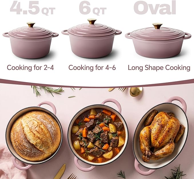 4.5 Quart Dutch Oven Pot with Lid, Non Stick Enameled Cast Iron Dutch Oven for Bread Baking, Heavy-Duty, Oven Safe Ceramic Cookware Up to 500°F for Baking, Braising, Stews, Roasting, Pink - Image 2