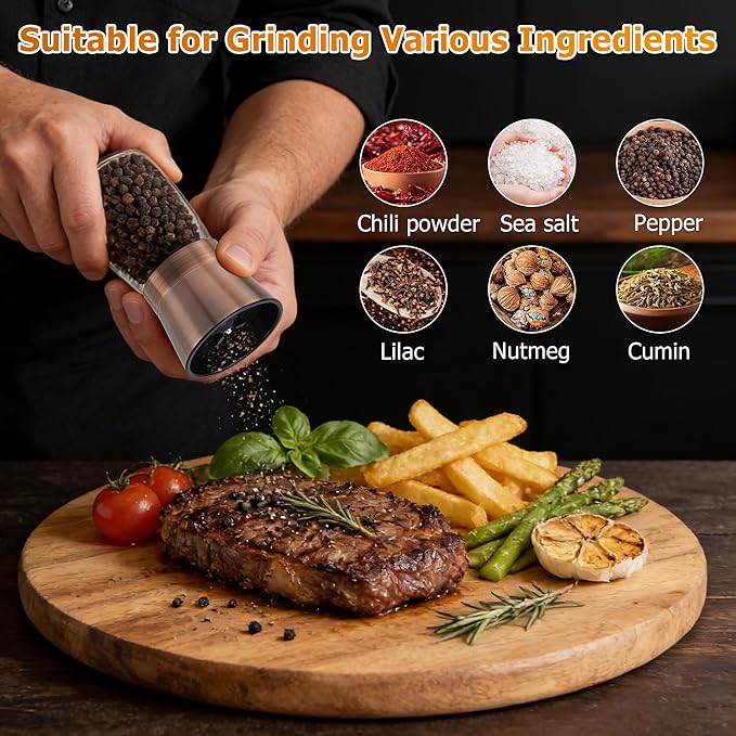 R DRURLCD Short Copper Salt and Pepper Grinder Set of 2, Manual Adjustable Coarseness with Ceramic Blades - Stainless Steel Refillable Mills, Bonus Silicone Funnel