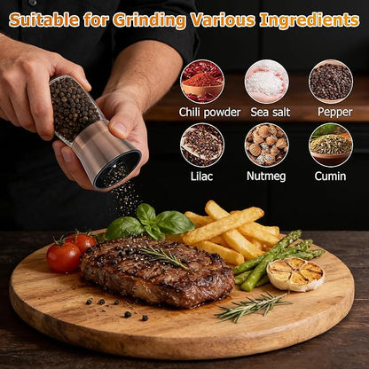 R DRURLCD Short Copper Salt and Pepper Grinder Set of 2, Manual Adjustable Coarseness with Ceramic Blades - Stainless Steel Refillable Mills, Bonus Silicone Funnel